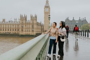People walking on Westminster Bridge on a rainy day with Big Ben and Houses of Parliament in the background.