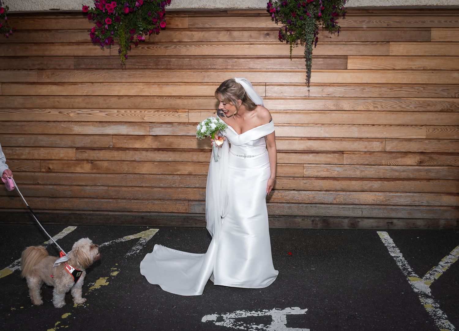 A person in a white wedding dress stands on pavement near a wooden wall with hanging baskets while a dog looks on.