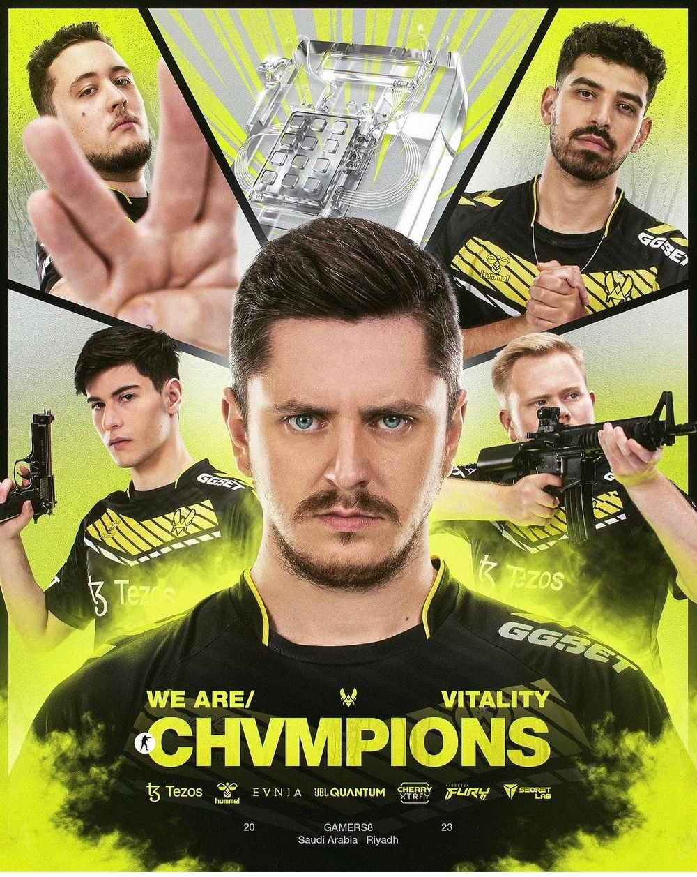 Esports victory celebration poster for Team Vitality featuring team members and 'We Are Champions' text on yellow background.