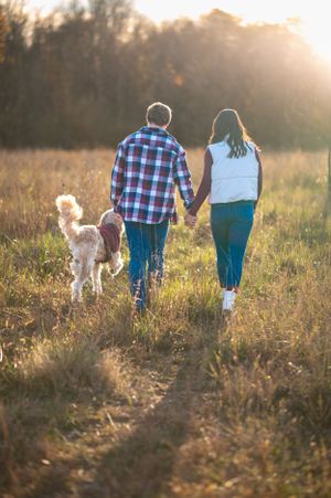 A couple walks through a golden field at sunset with their white dog trailing behind them.