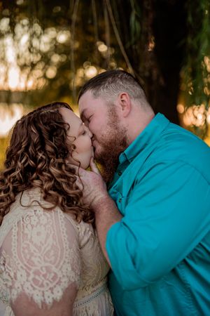 A romantic collage of a couple in a turquoise shirt and lace dress sharing gentle kisses at sunset.