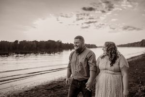 A series of vintage-toned photos showing couples walking and embracing on a scenic beach at sunset.