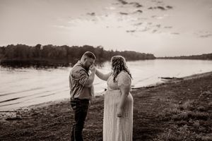 A coastal photoshoot depicting a romantic couple in a dreamy sepia-toned sequence of images walking along the shore.