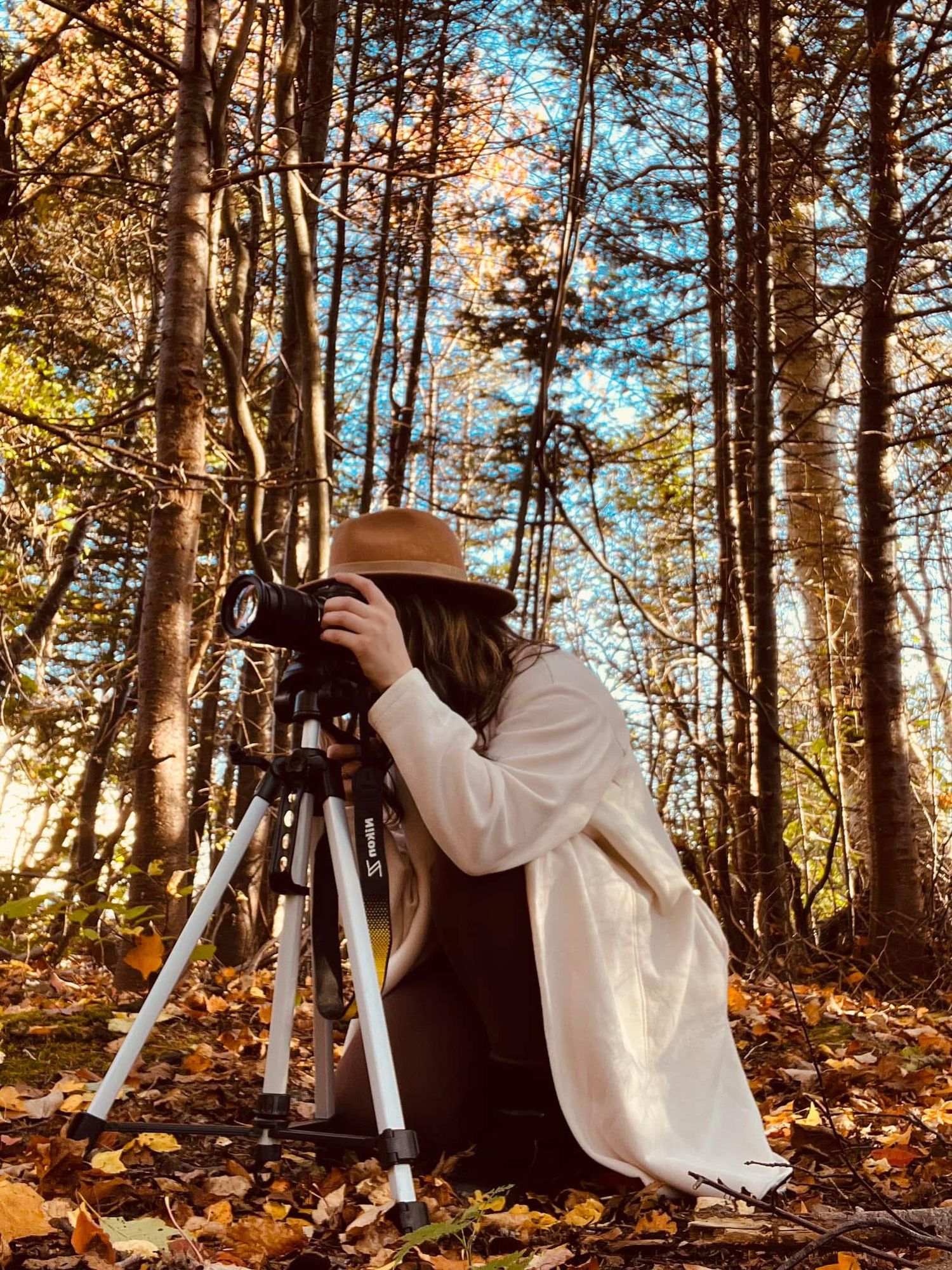 Female photographer using camera on tripod in colorful autumn forest setting.