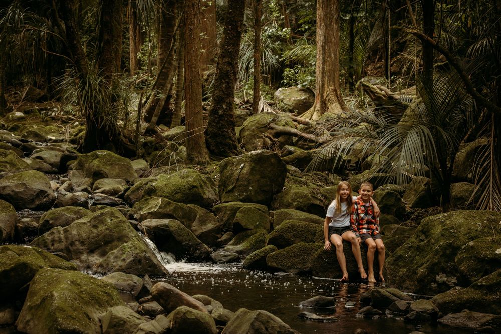 Two people sitting on mossy rocks by a stream in a lush forest setting.