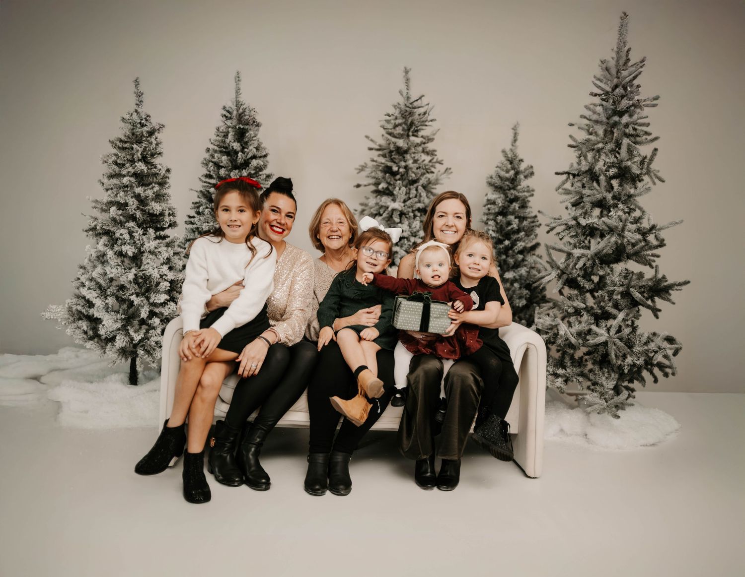 A family group poses together in front of snow-covered evergreen trees in a winter studio portrait setting.