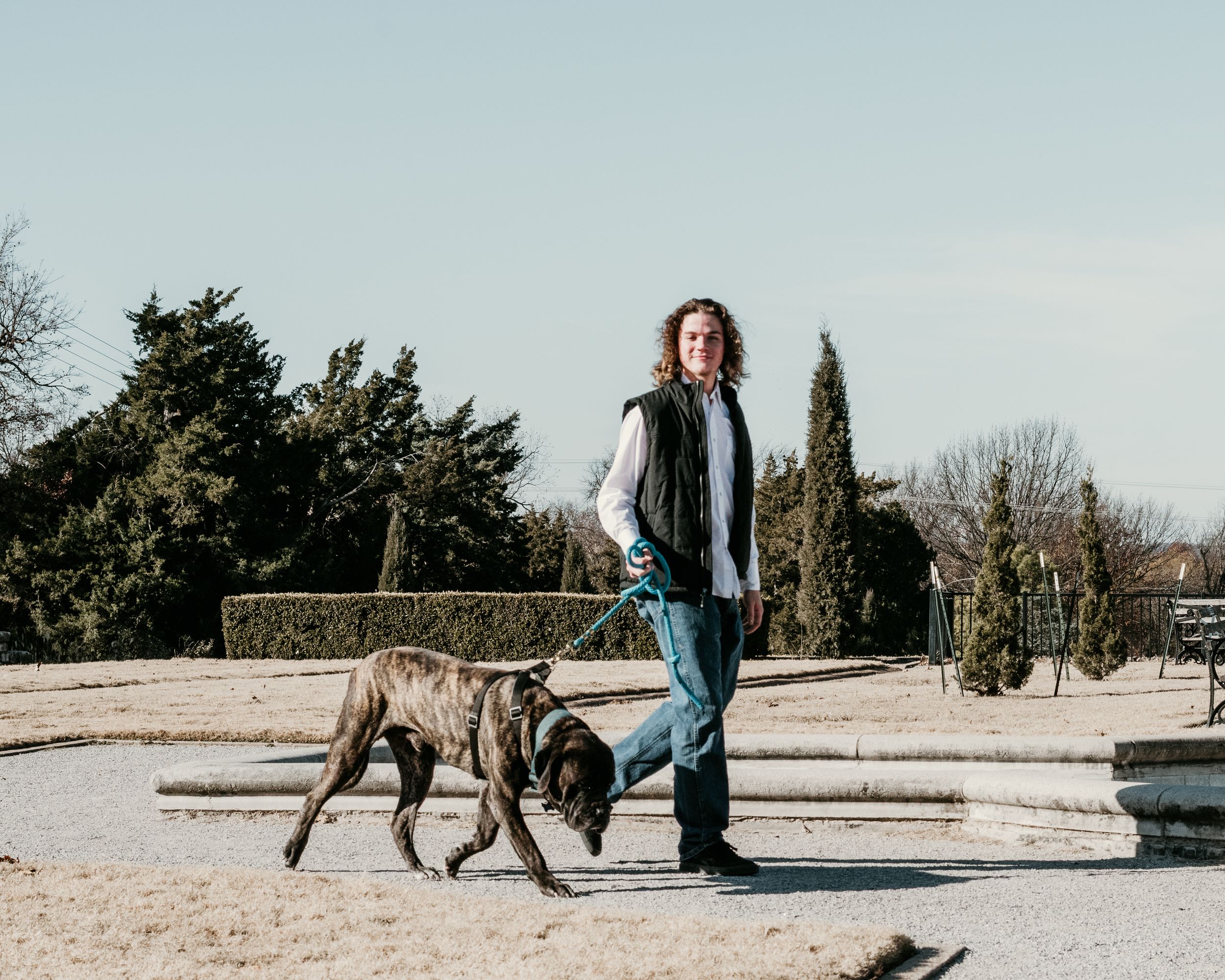 A young man walks with his large mastiff.