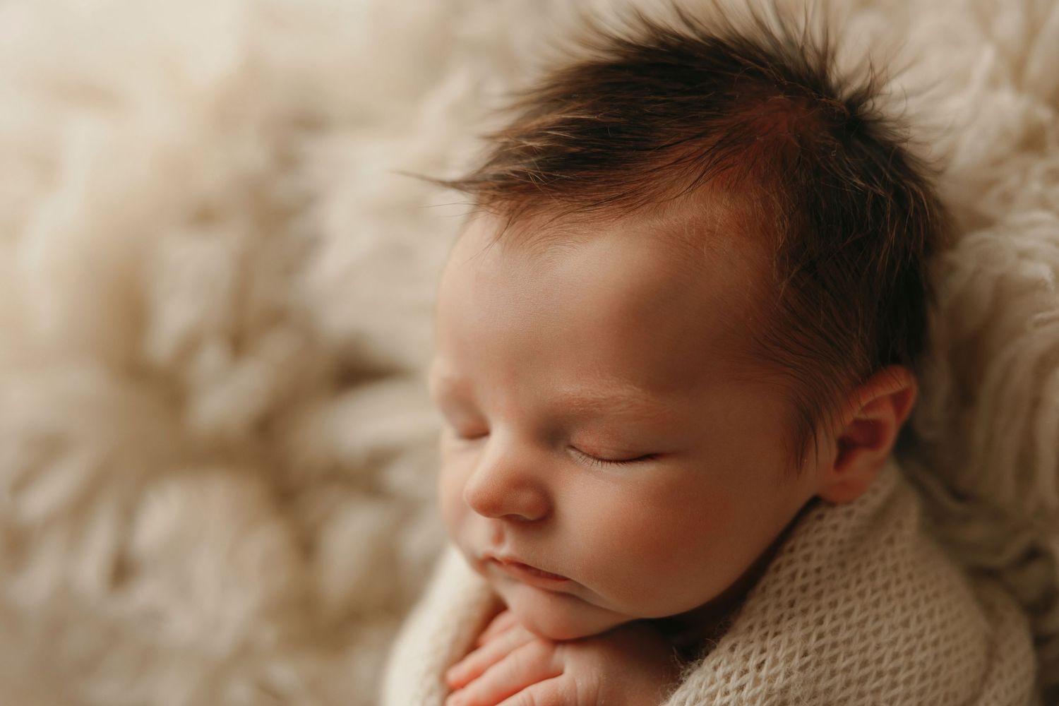 Close-up of sleeping newborn in cream knit wrap against soft textured background.