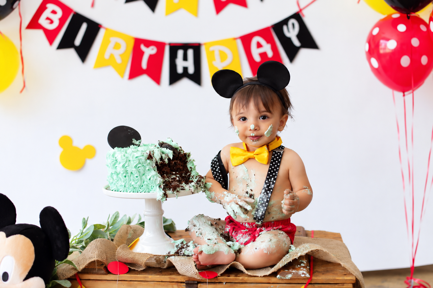 Child celebrating a birthday during a playful cake smash photography session