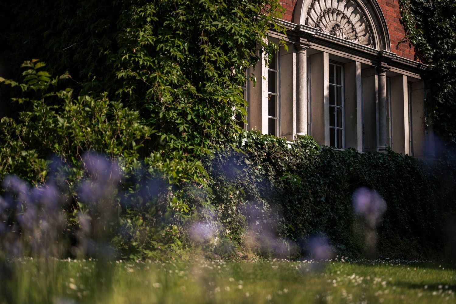 A bride and groom hold hands in a sunlit garden surrounded by vibrant pink and yellow flowers on their wedding day.