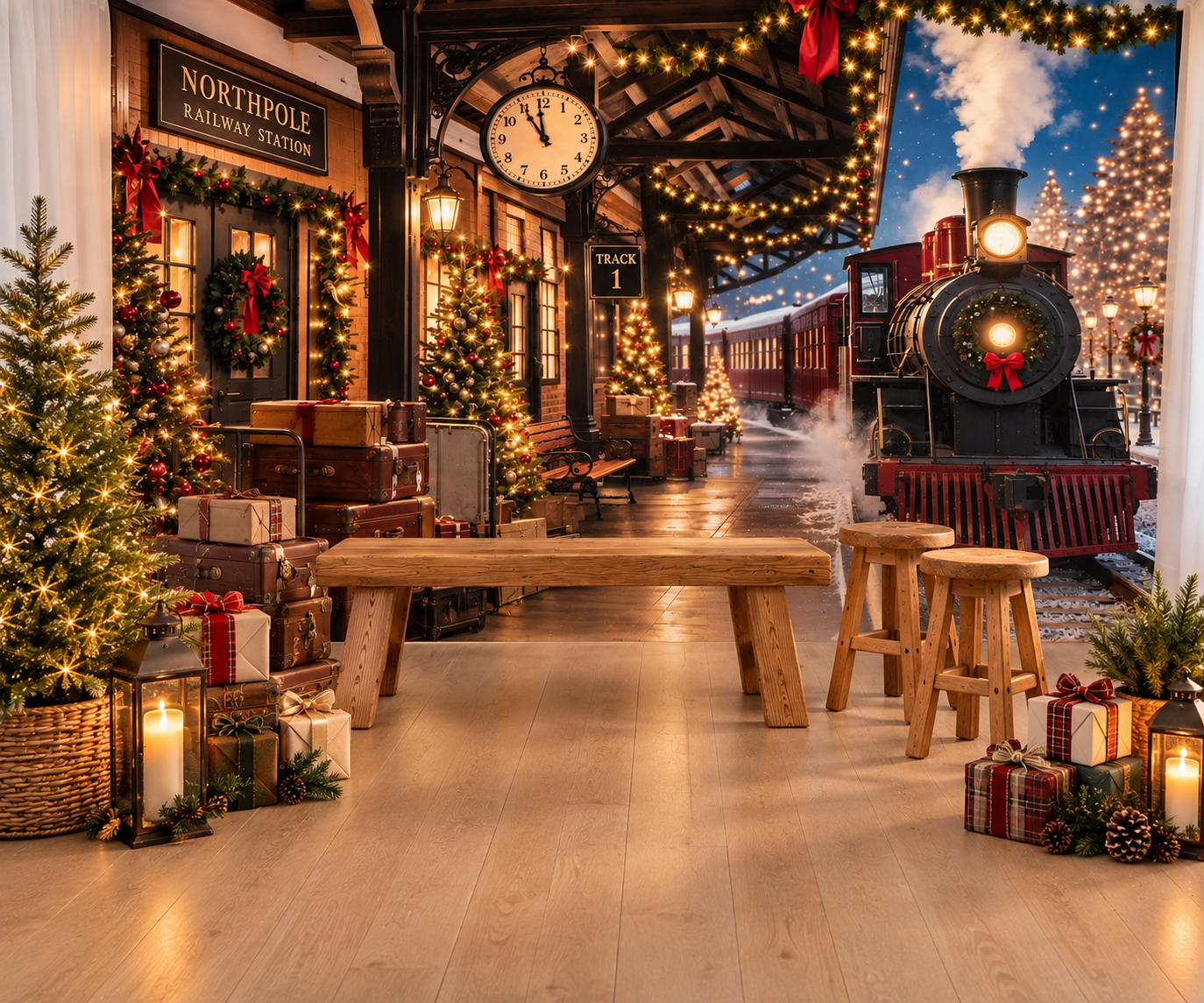 Festive North Pole train station backdrop with Christmas trees, wrapped gifts, glowing lights, and a vintage steam train.
