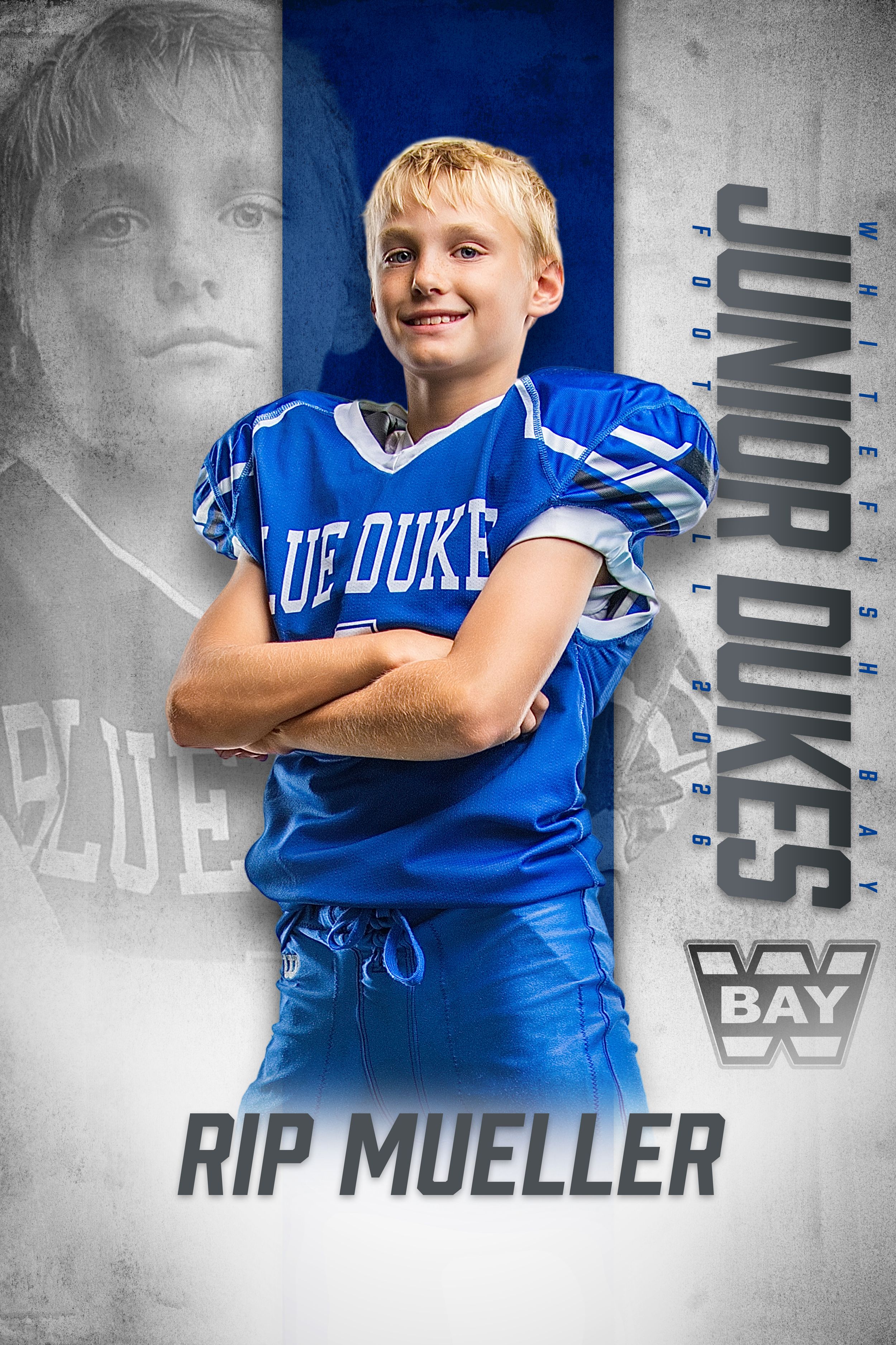 Young football player Rip Mueller in blue Junior Dukes uniform poses with arms crossed for team photo.