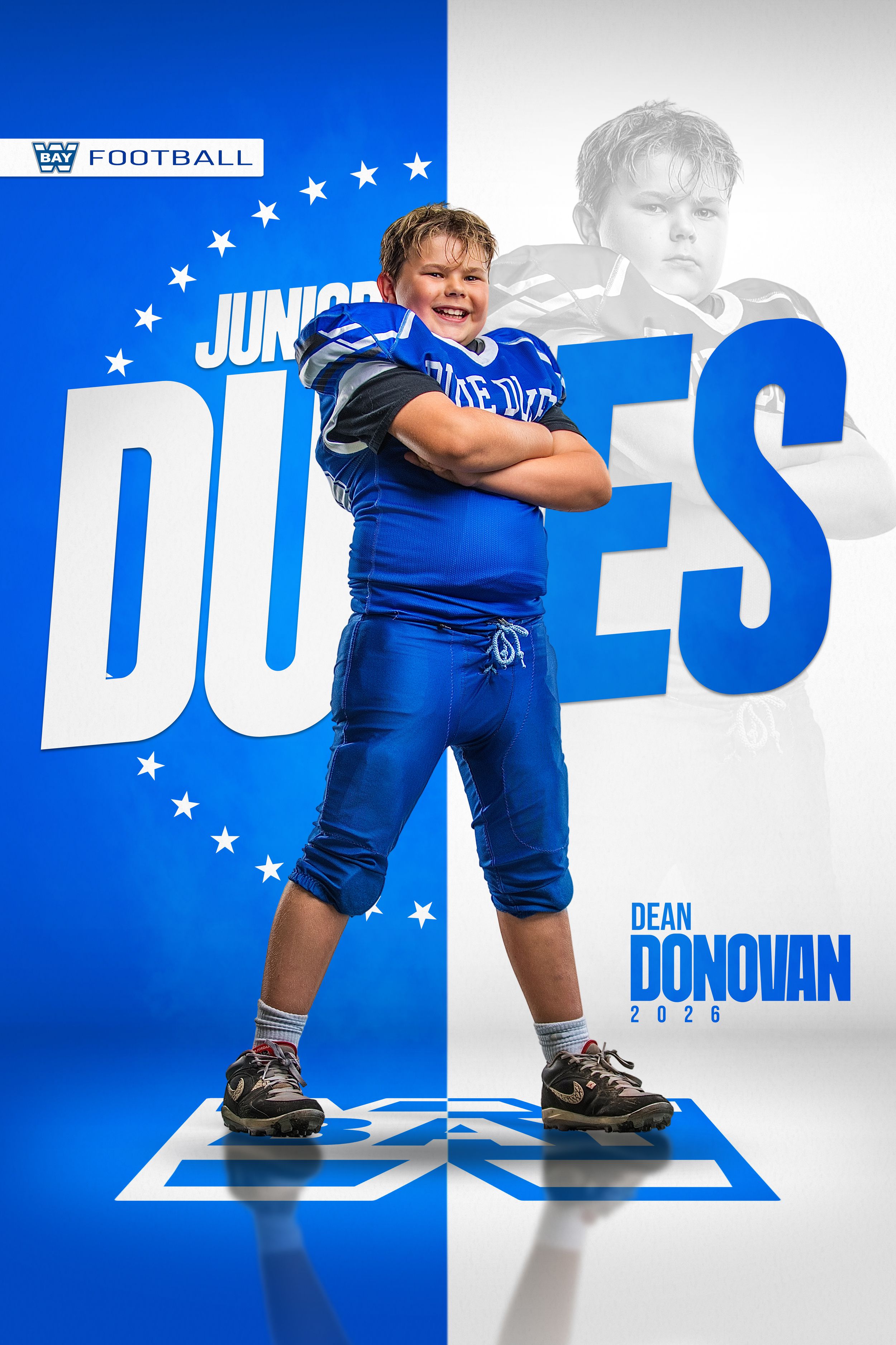 Junior Dukes football player Dean Donovan poses in blue uniform for 2026 youth sports team portrait photo.