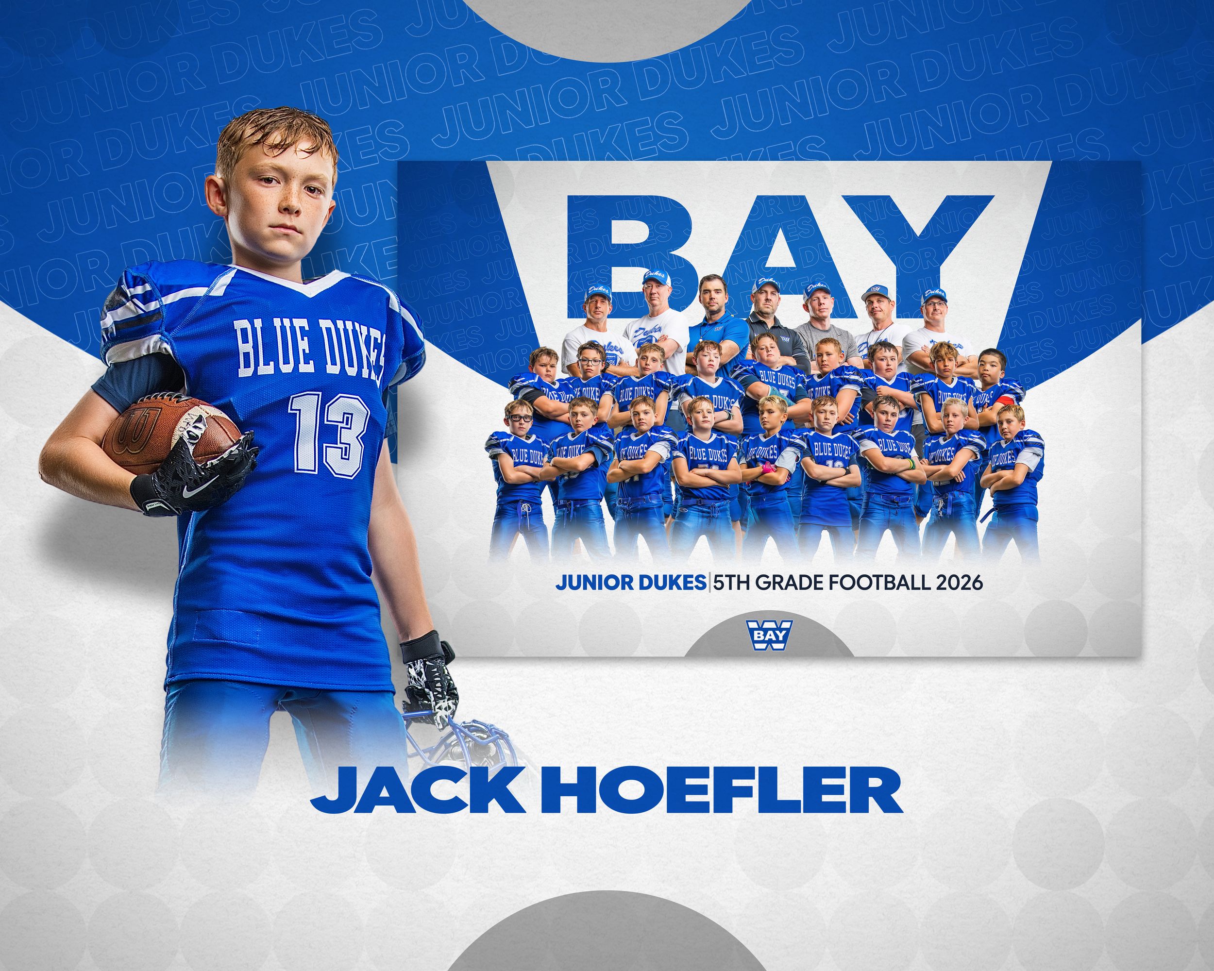 Jack Hoefler, number 13, poses in Blue Dukes uniform for Junior Dukes 5th Grade Football 2026 team photo.