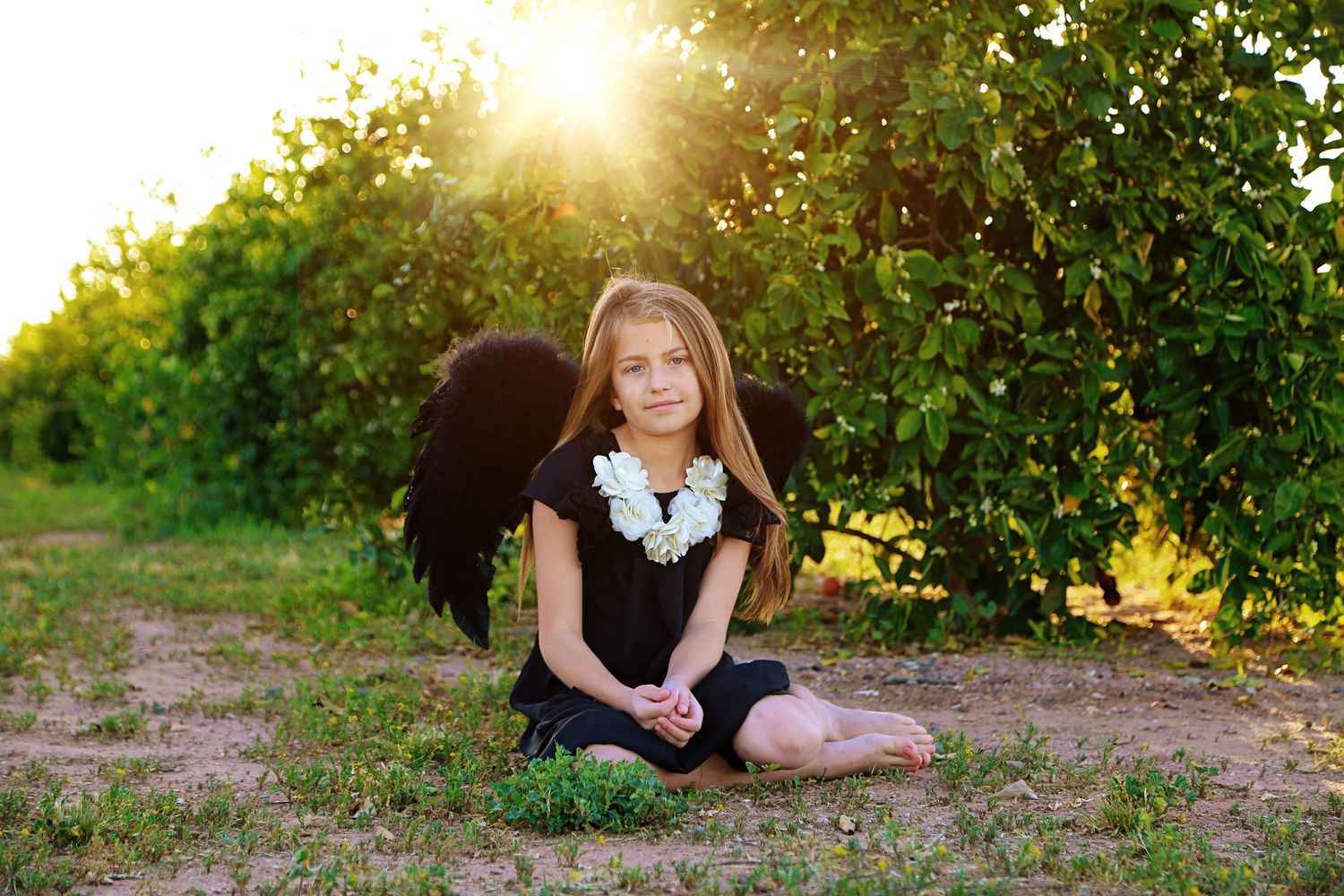 Girl with long hair and black angel wings sits on the grass in a sunlit orchard holding white flowers.