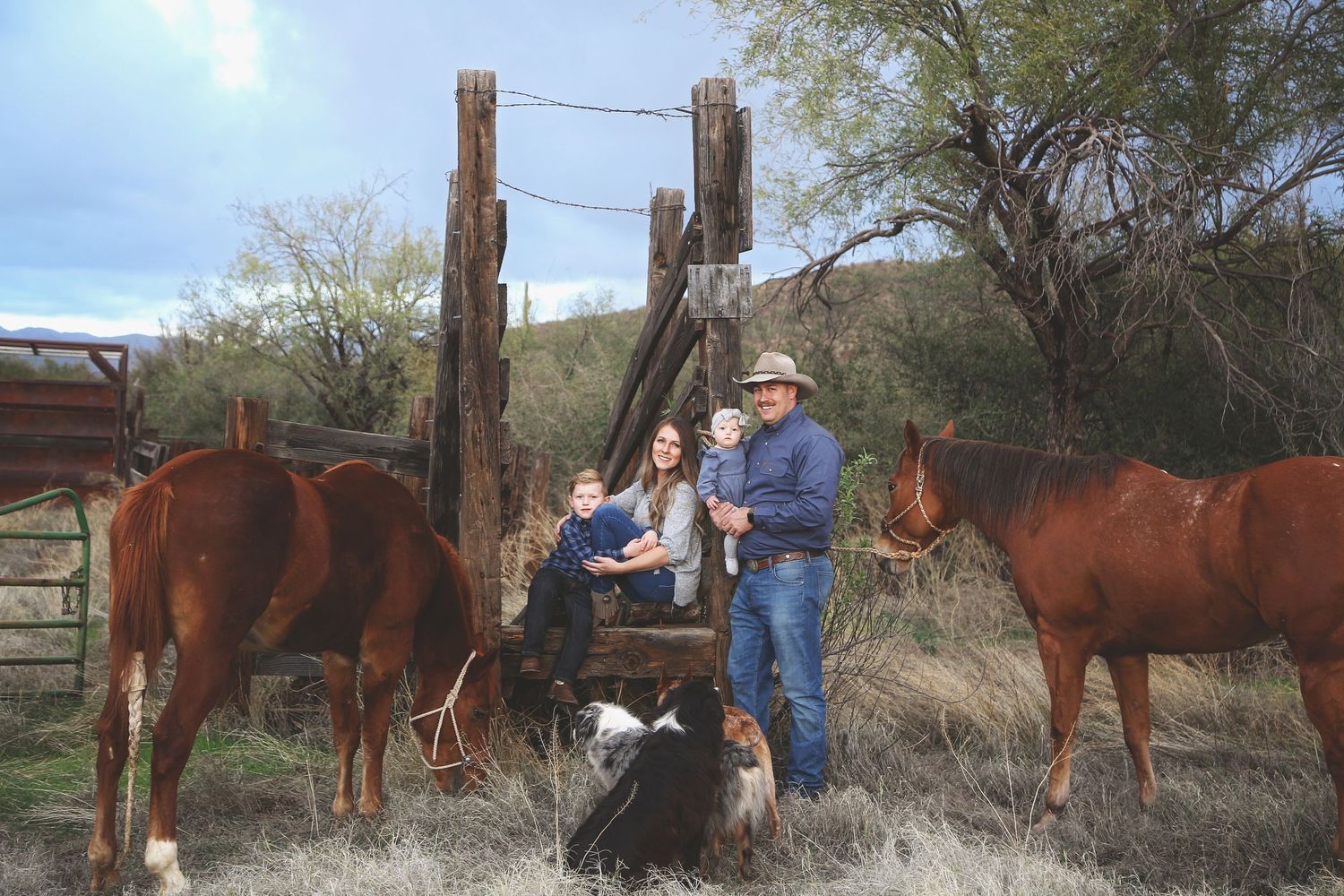 Family with two young children standing between two chestnut horses and dogs beside a rustic wooden gate on a ranch.