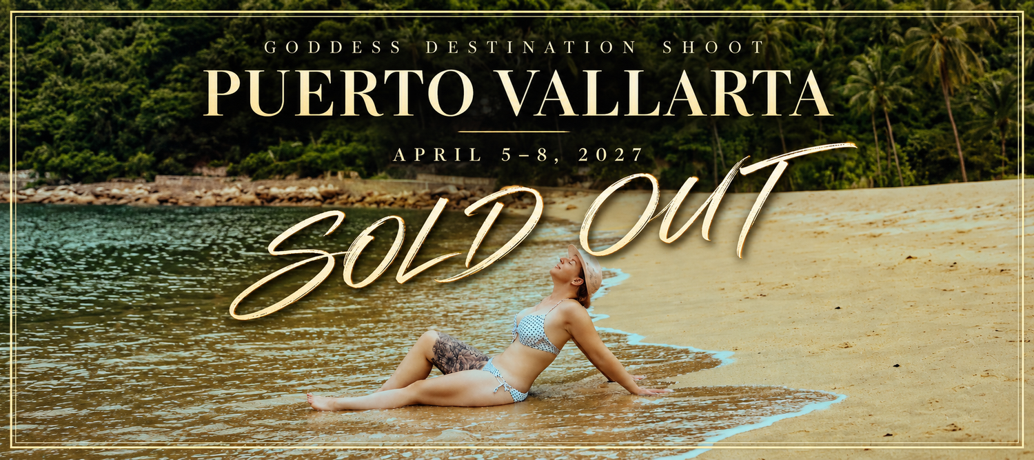 Goddess destination photo shoot promotional banner for Puerto Vallarta, April 2027, featuring a woman posing on a tropical beach.