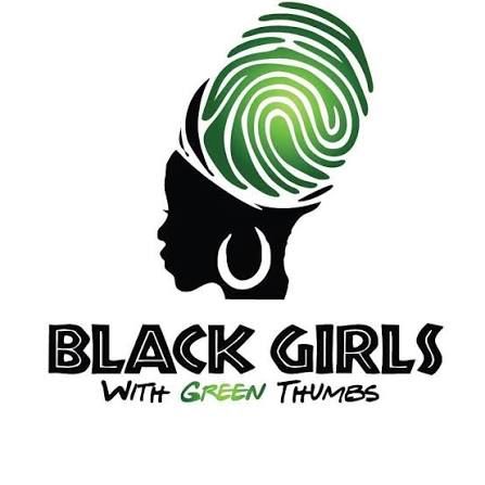 Black Girls With Green Thumbs logo featuring a silhouette of a woman with a green fingerprint afro hairstyle.