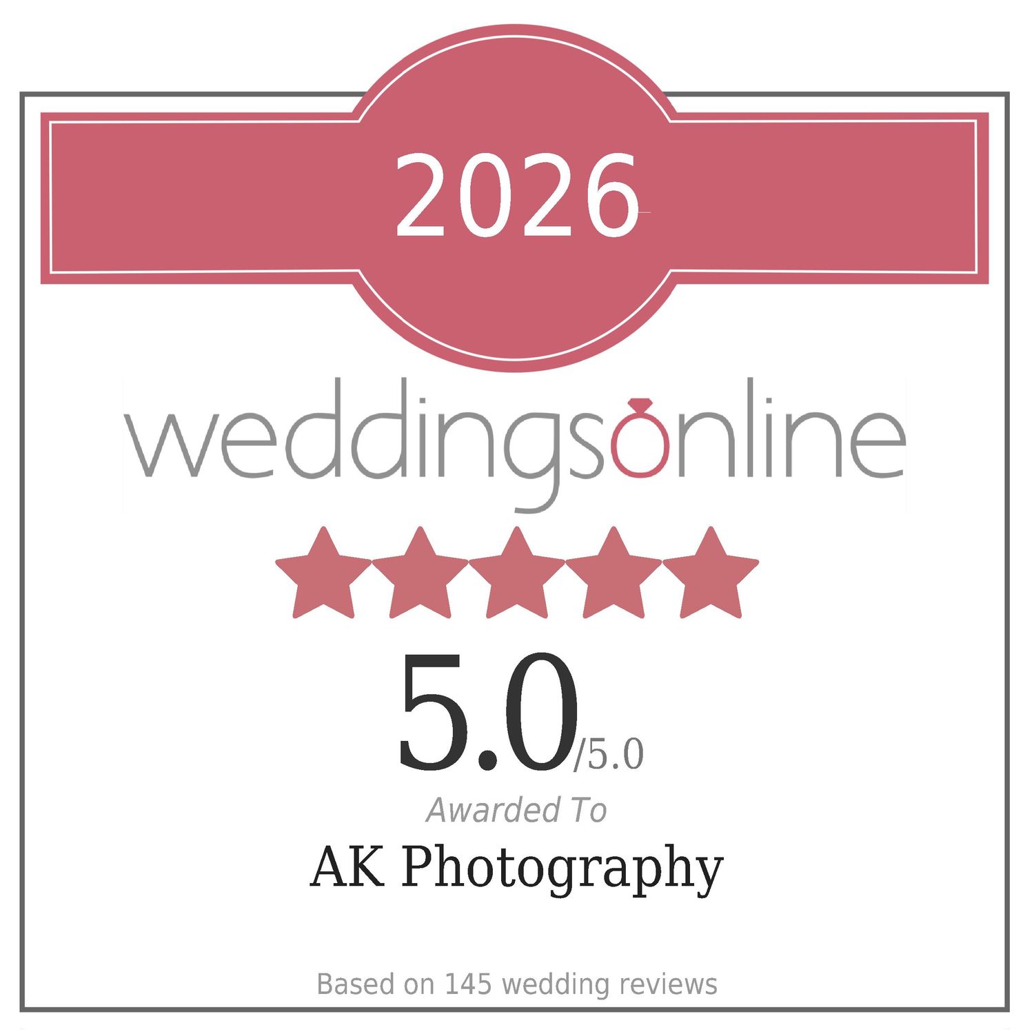 WeddingsOnline 2026 award badge showing 5.0 out of 5.0 stars for AK Photography, based on 145 wedding reviews.
