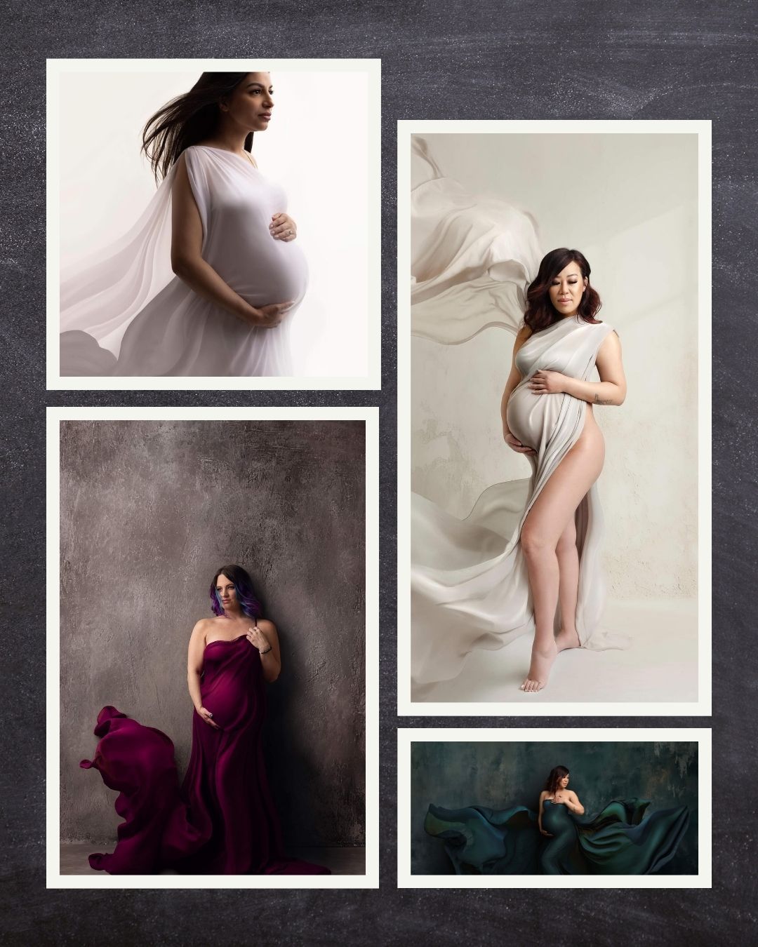 Maternity photo collage featuring pregnant women in flowing white, burgundy, and teal fabric gowns in elegant studio portraits.