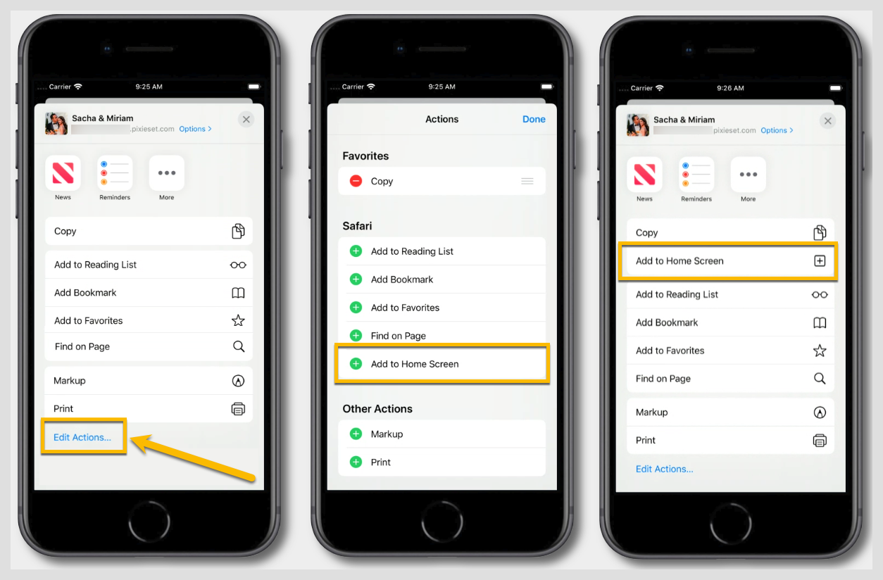 Three iPhone screenshots showing steps to add a website to the home screen using Safari's share menu on iOS.