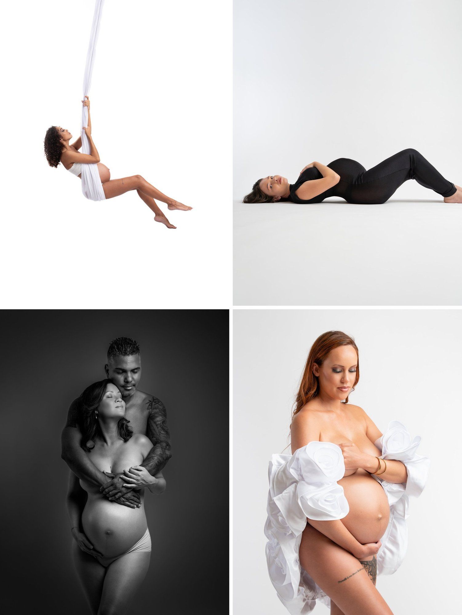 Collage of maternity photos featuring aerial silk pose, black outfit lying down, couple embrace, and white fabric bump shot.