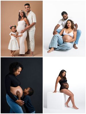 Maternity photo collage featuring pregnant women with partners and children in professional studio portraits.