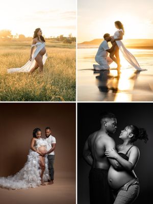 Elegant maternity photo collage featuring outdoor golden hour and studio portraits with couples in flowing gowns.