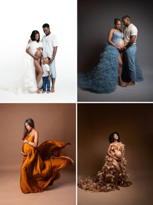 Collage of four elegant maternity photoshoots featuring couples and solo pregnant women in flowing gowns in studio settings.