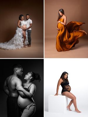 Collage of four elegant maternity photos featuring couples and solo pregnant women in studio settings with flowing fabrics.