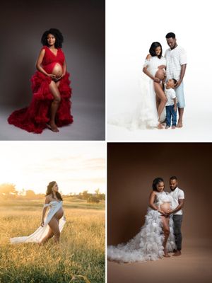 Four maternity photoshoot poses featuring pregnant women in elegant gowns, ranging from solo studio shots to family portraits.