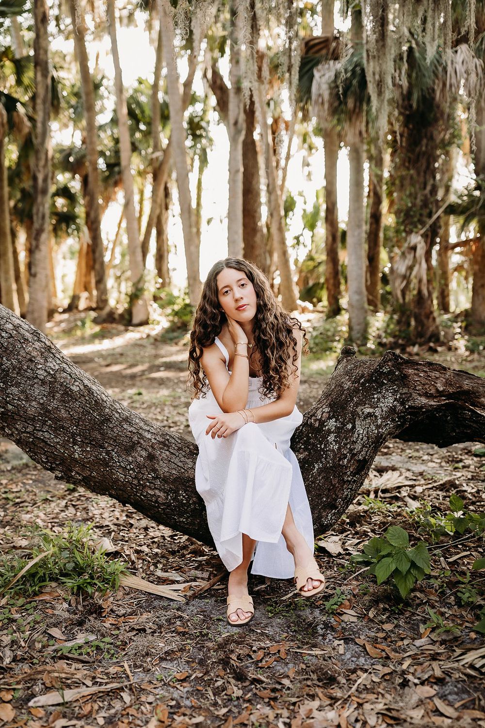 Young woman in white dress sitting on a fallen tree in a sunlit forest with Spanish moss.