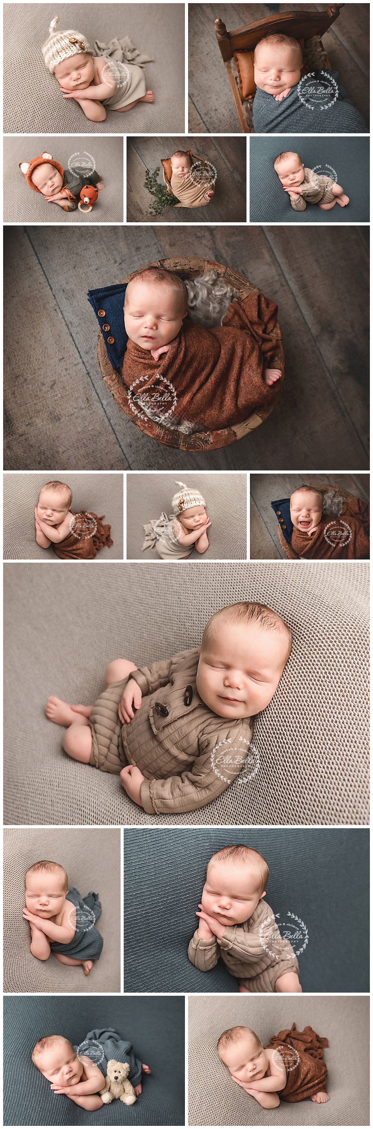 Newborn baby boy posed in multiple professional photography setups with neutral tones, props, and cozy wraps.