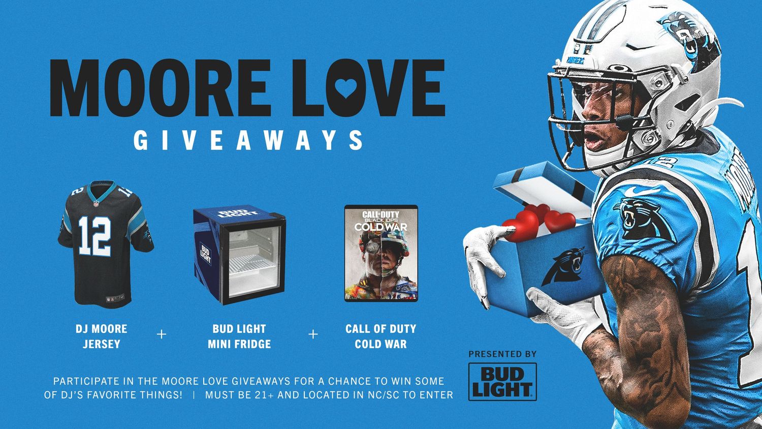 Bud Light Moore Love Giveaways featuring a DJ Moore jersey, mini fridge, and Call of Duty game with Carolina Panthers player.