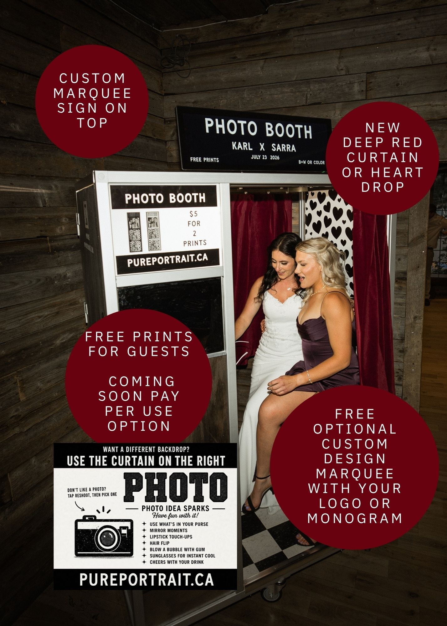 Photo booth backdrop options including hearts, red curtain, and blue curtain, with sample strips of two women posing.