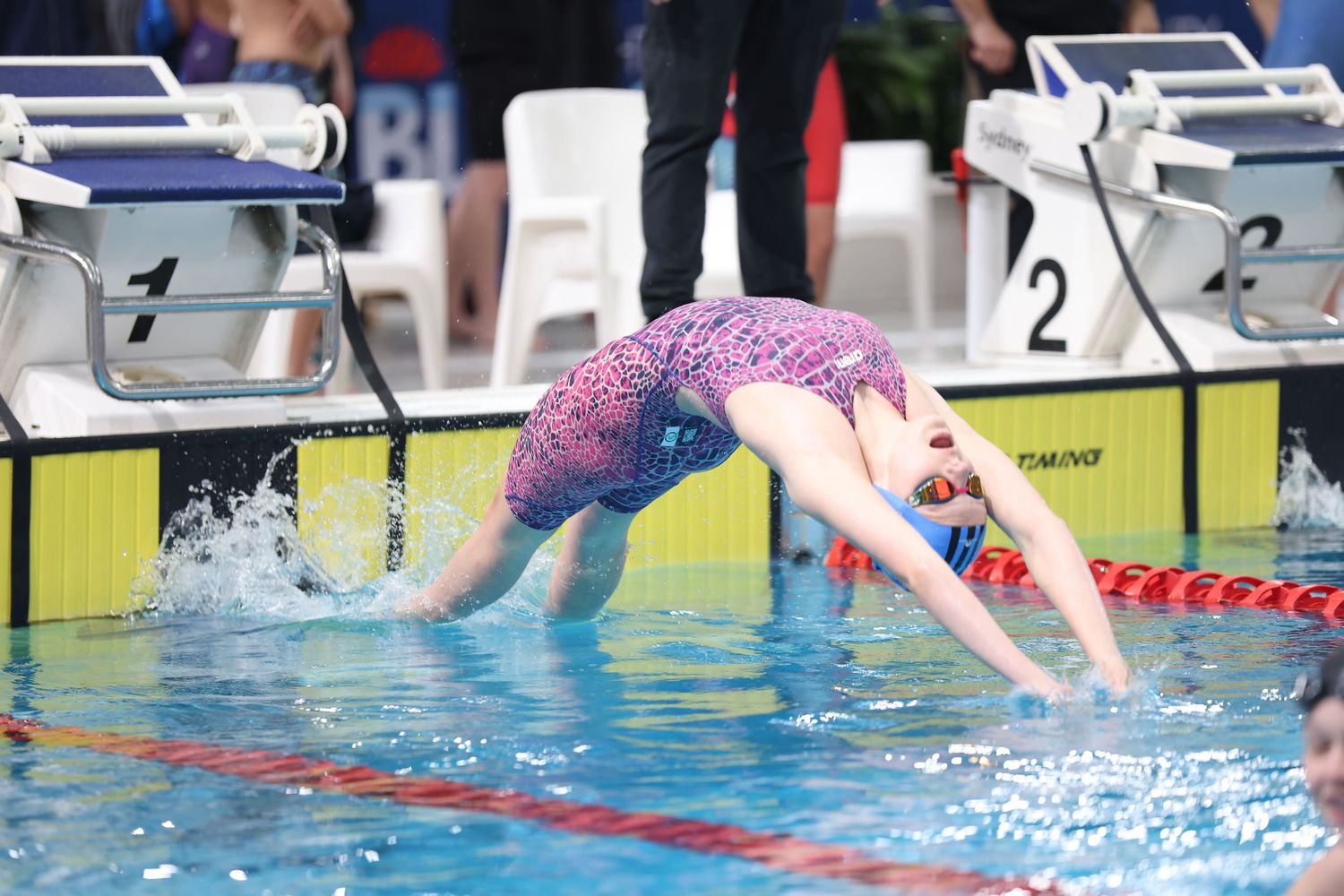 Female swimmer in purple swimsuit diving into pool at competitive swimming event with lane markers visible.