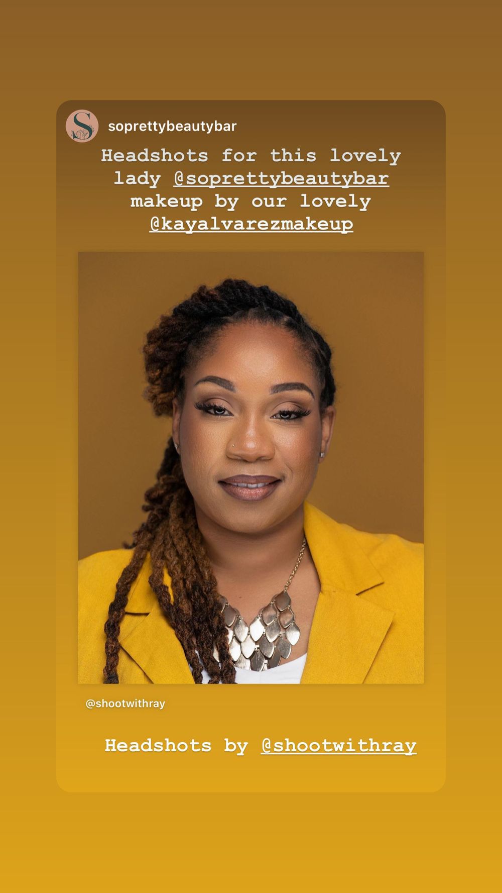 Woman in yellow blazer and silver necklace poses for professional headshot with makeup by kay Alvarez makeup