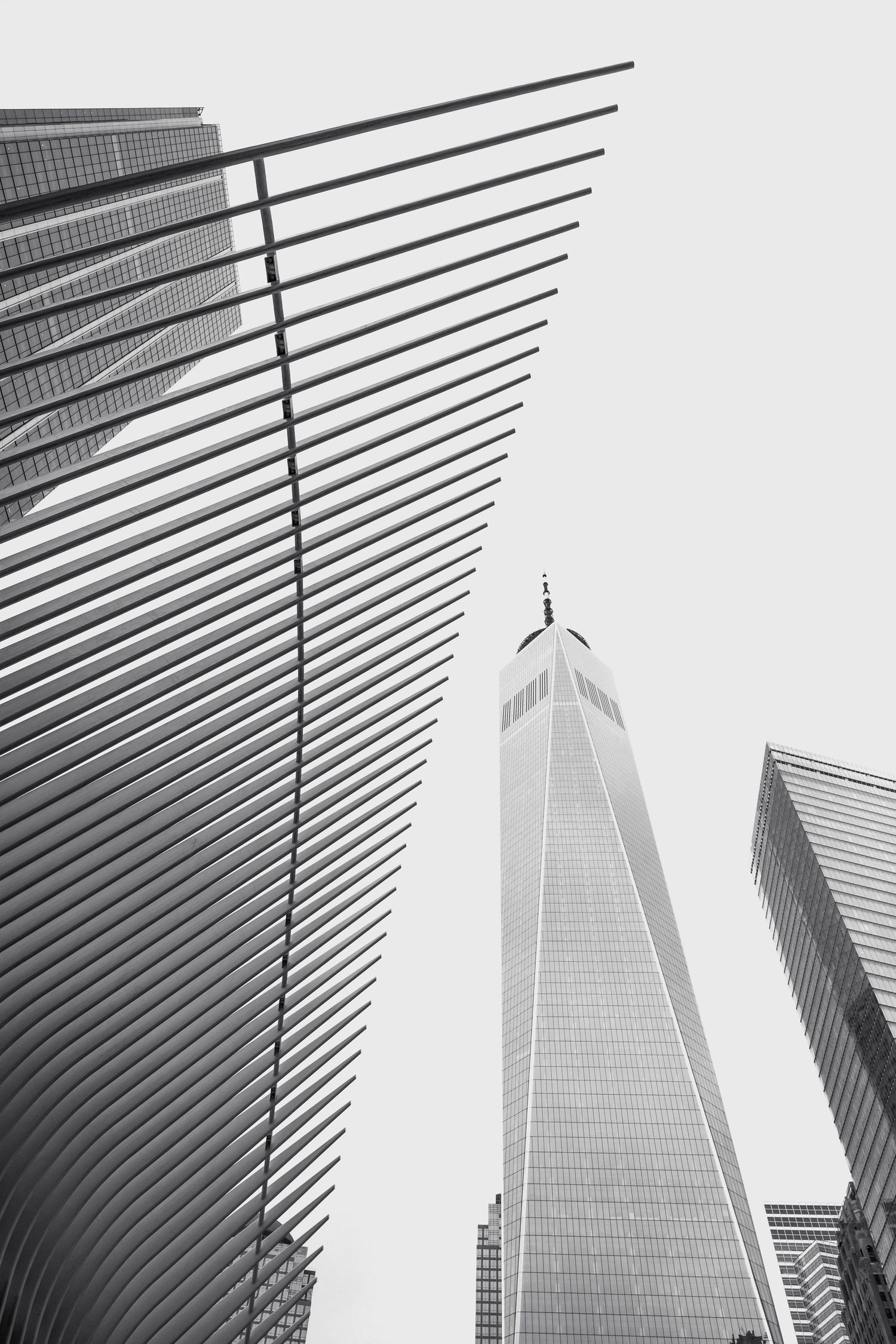 Composizione geometrica in bianco e nero che contrappone le costole strutturali dell'Oculus alla sagoma del One World Trade Center.