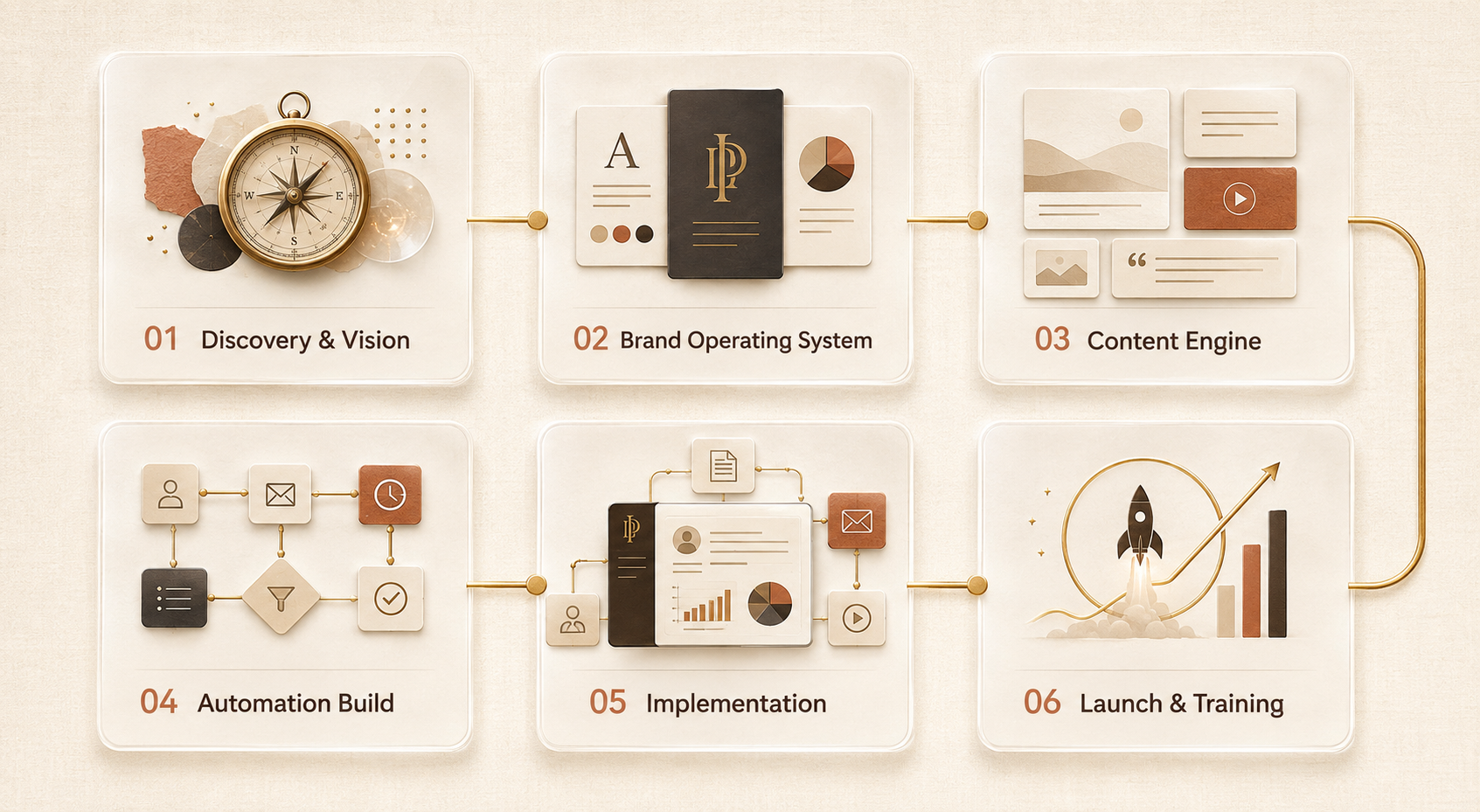 Six-step brand strategy framework showing discovery, brand system, content, automation, implementation, and launch phases.