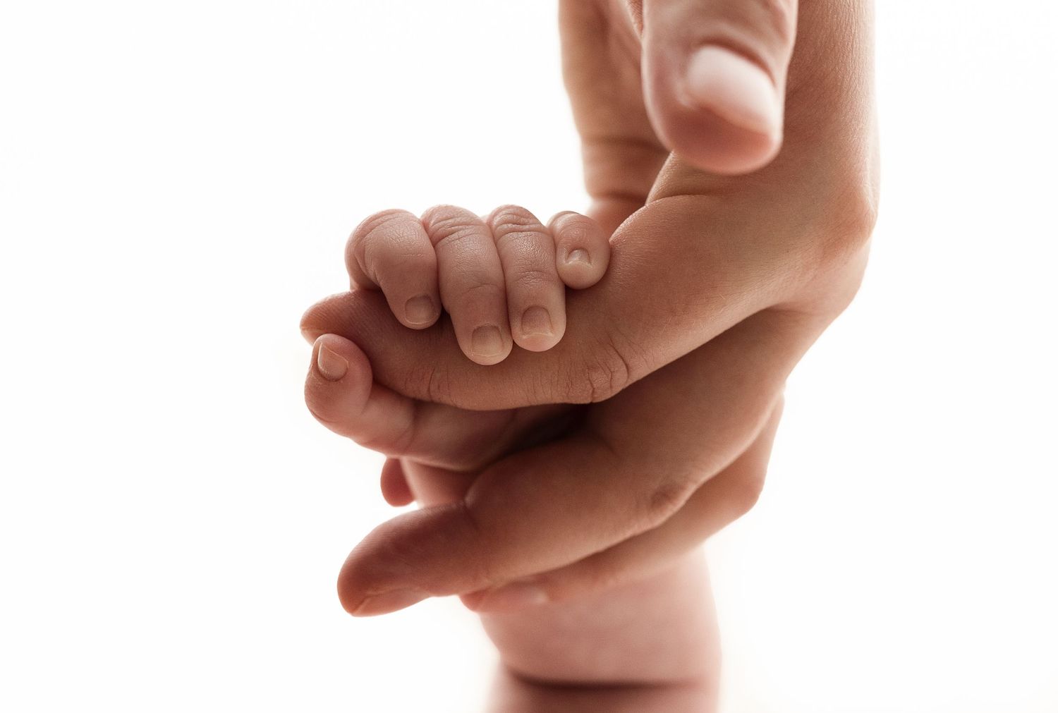 Newborn grasps her mother's loving fingers for a beautiful backlit shot captured by Charlottesville baby and family photographer.