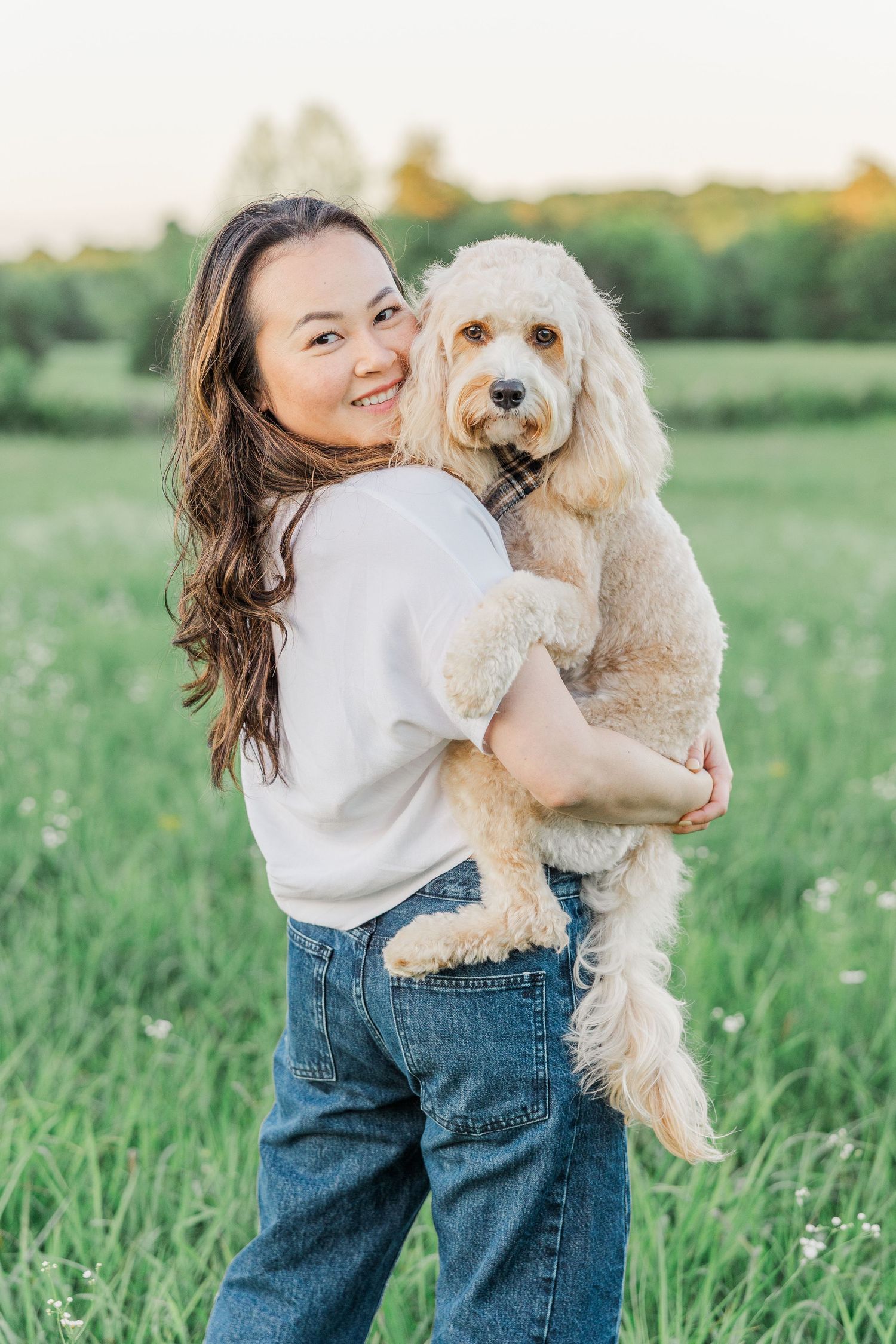 Smiling woman in white tee and jeans holds a fluffy golden doodle dog in a sunny green field.