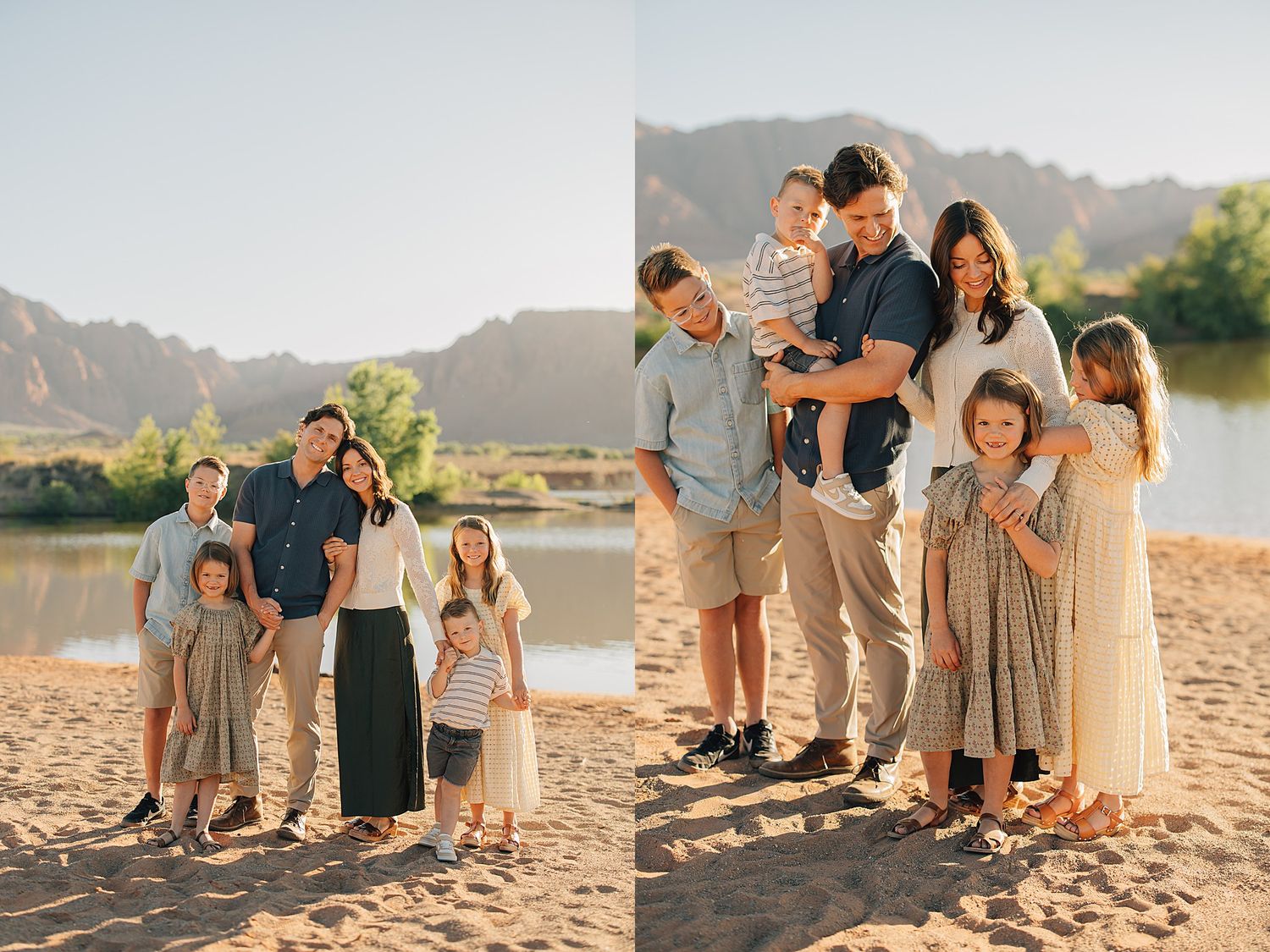 Family portrait on sandy beach with mountain backdrop, parents and children smiling in coordinated neutral outfits near a river.
