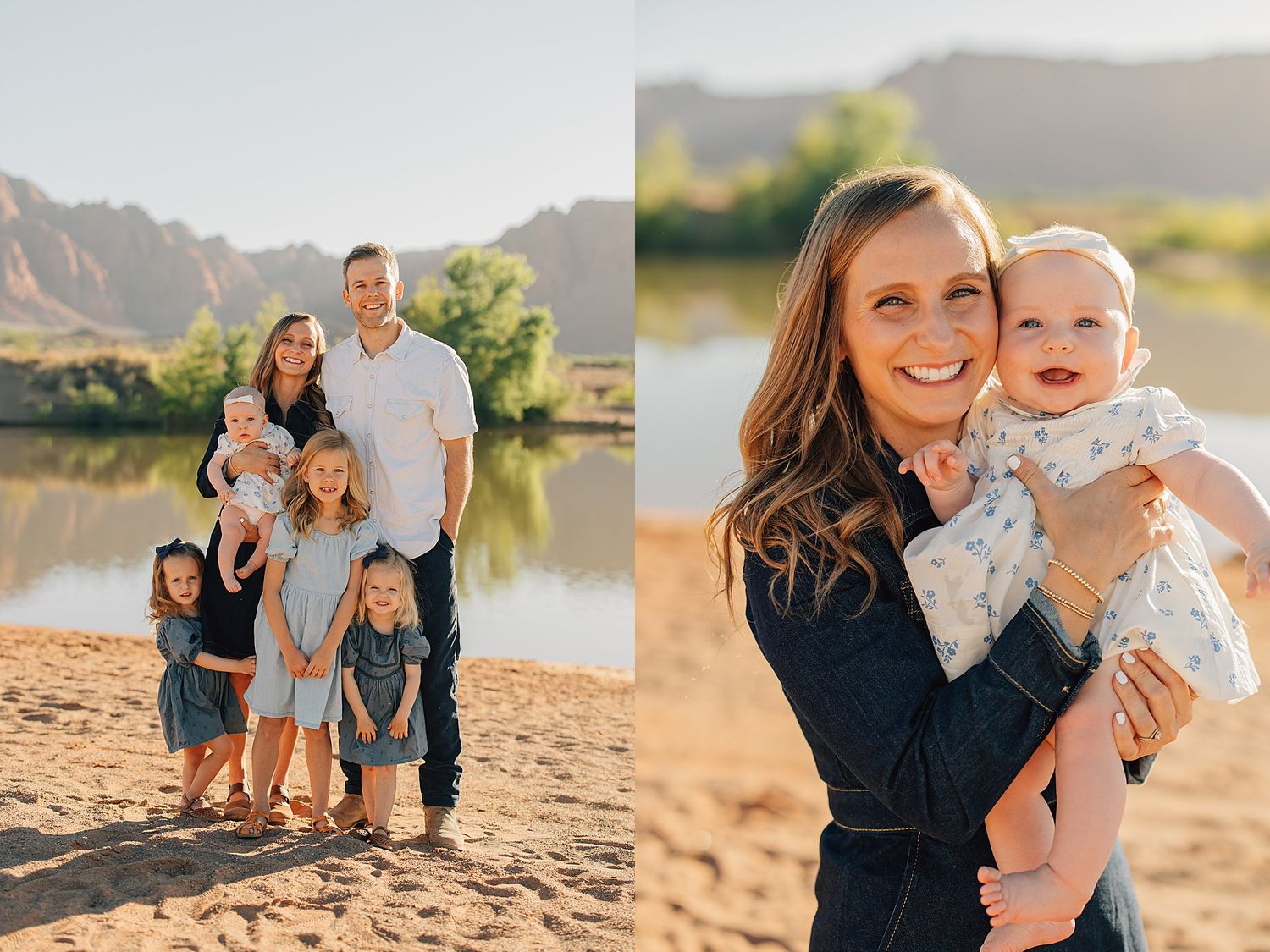 Family portrait on sandy riverbank with mountains, and mother holding smiling baby outdoors.