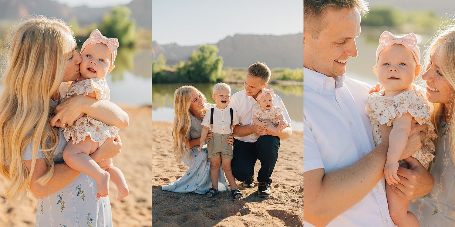 Family photo session with mother holding baby girl, siblings embracing, and father cradling infant outdoors in golden light.
