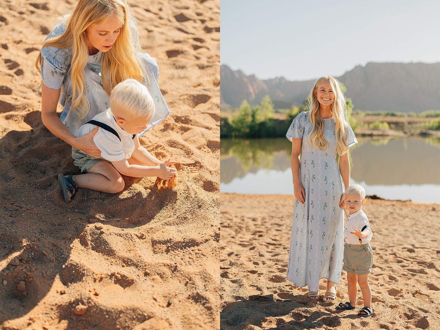 Blonde mother and toddler son playing in sand by river, family beach portrait in warm golden light.