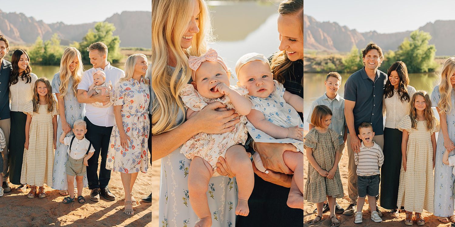 A large family poses outdoors near a river with mountain backdrop in warm golden light, wearing coordinated neutral outfits.