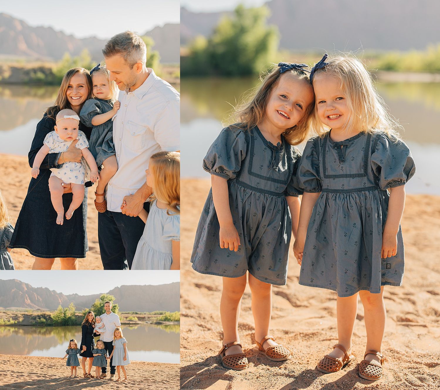 Family portrait session on sandy beach with parents holding baby, young girl nearby, and two sisters in matching blue dresses smiling.