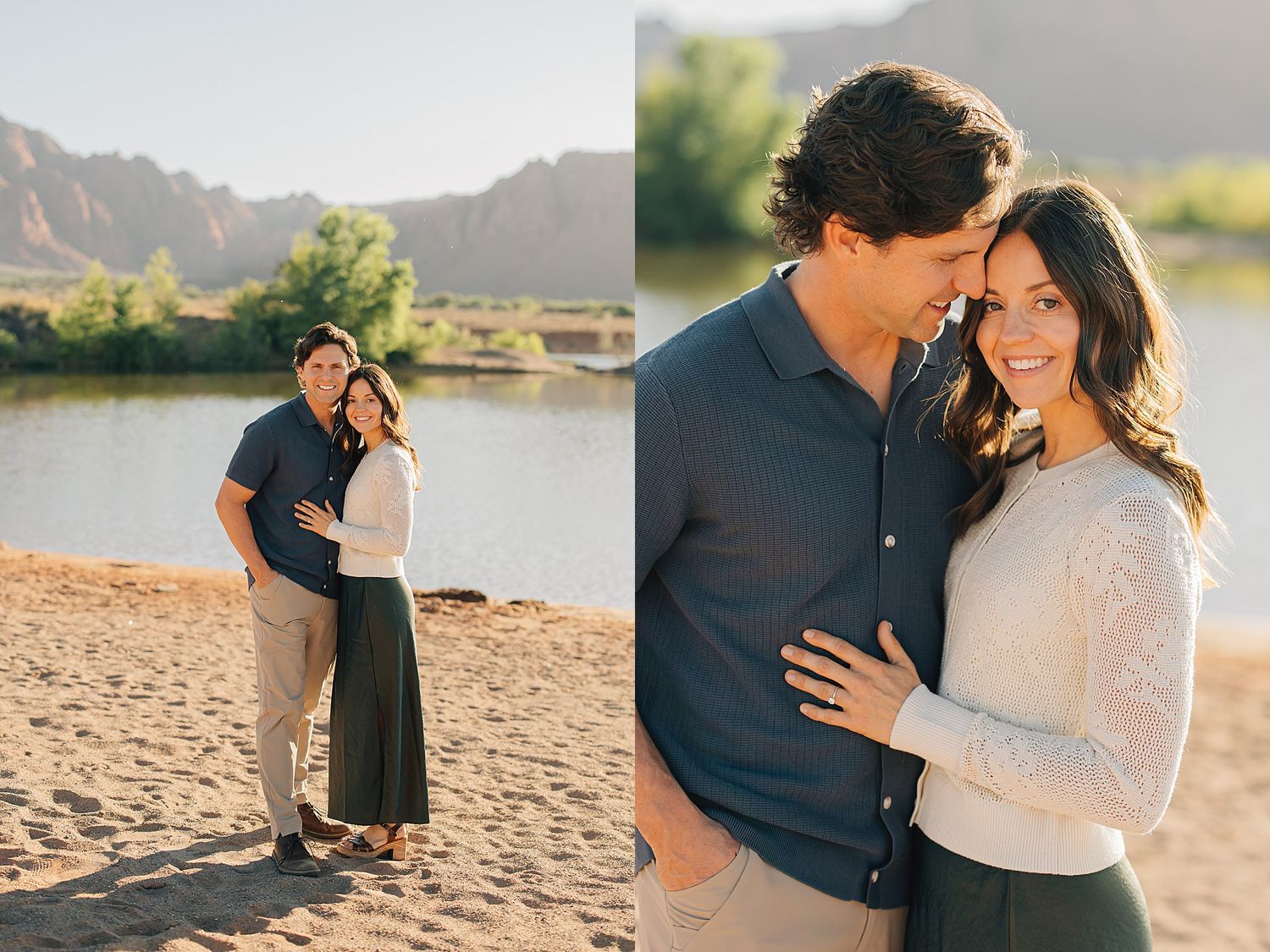 Couple embracing on sandy riverbank with red rock mountains and calm water in warm golden sunlight.
