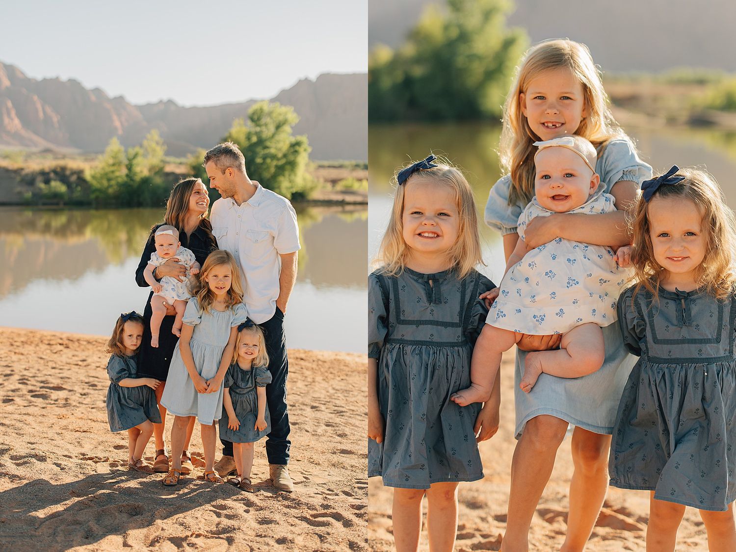 Family portrait on sandy beach with mountains, parents holding babies, three sisters in matching denim dresses posing outdoors.