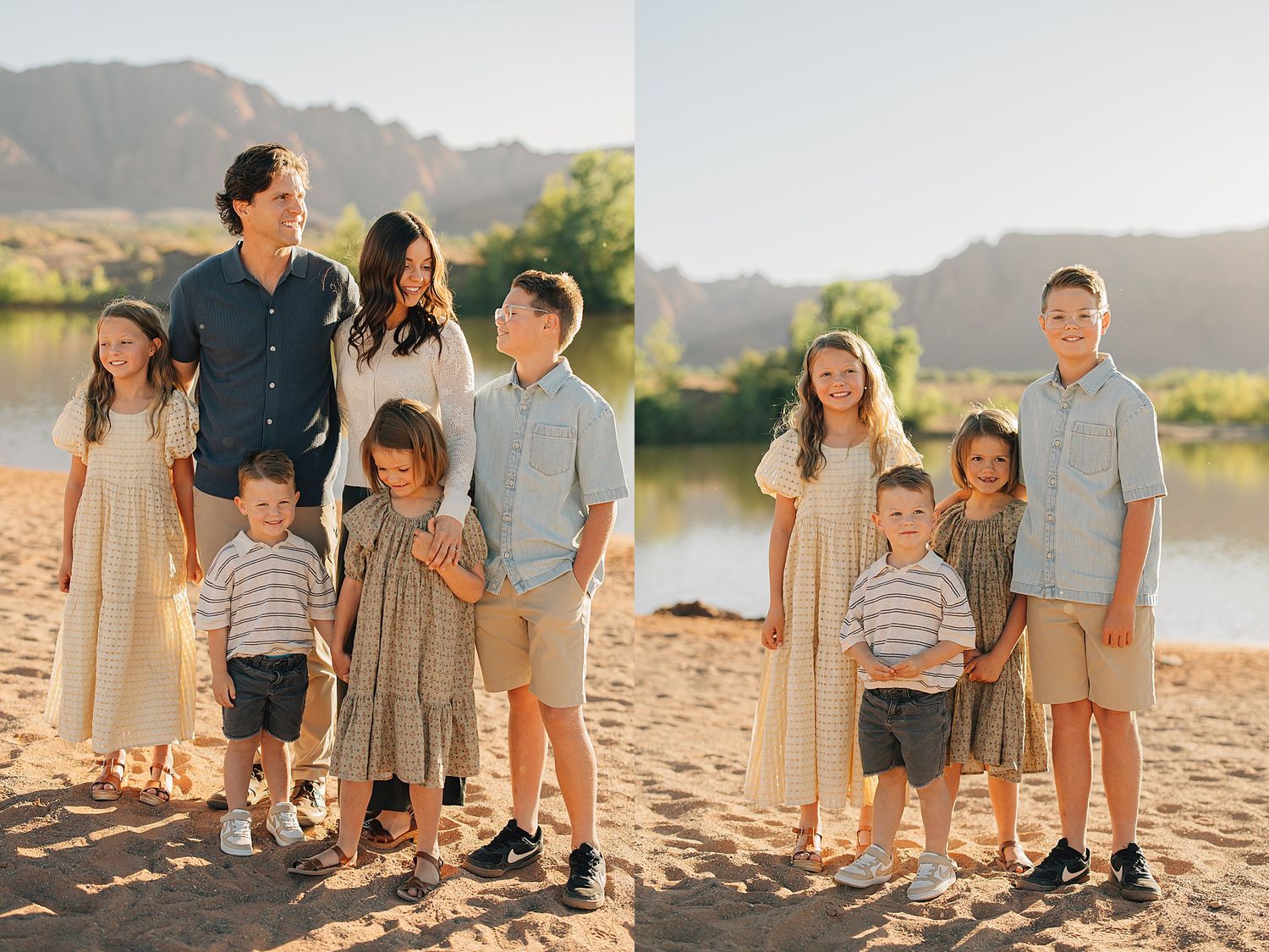 Family of six poses on sandy riverbank with mountain backdrop in warm golden light during outdoor photo session.